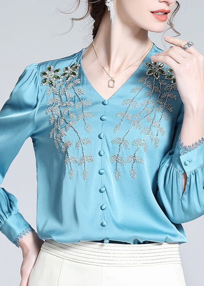 Vogue Blue V Neck Embroideried Button Nail Bead Silk Top Long Sleeve AC3015