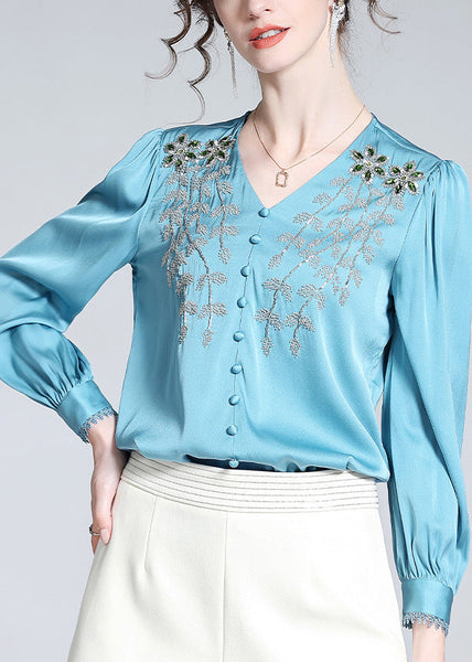 Vogue Blue V Neck Embroideried Button Nail Bead Silk Top Long Sleeve LY0709