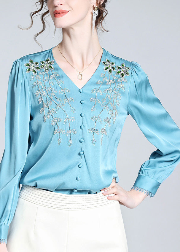 Vogue Blue V Neck Embroideried Button Nail Bead Silk Top Long Sleeve AC3015