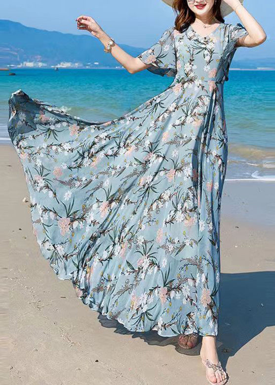 Vogue Blue V Neck Print Chiffon Maxi Beach Dresses Summer LY1727