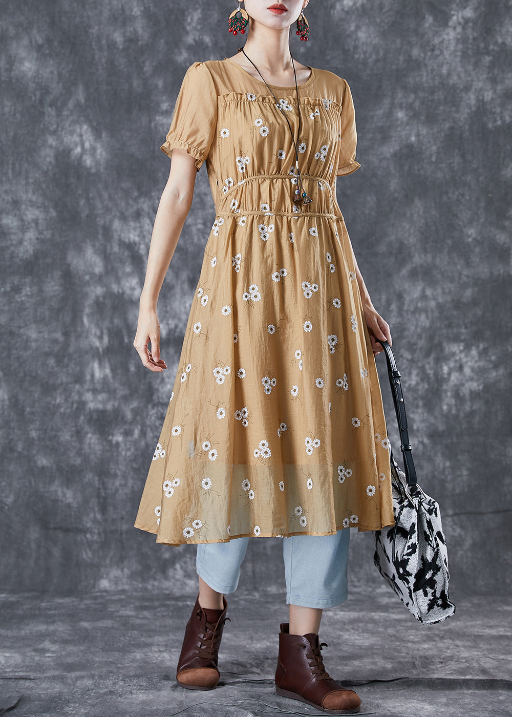 Vogue Khaki Puff Sleeve Patchwork Print Wrinkled Chiffon Dress Summer TA1029