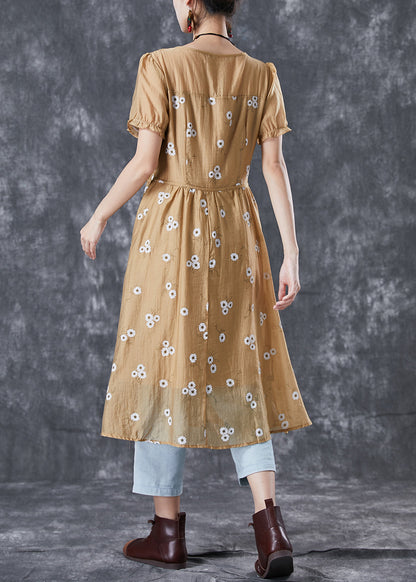 Vogue Khaki Puff Sleeve Patchwork Print Wrinkled Chiffon Dress Summer TA1029