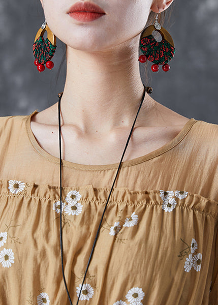 Robe d'été Vogue kaki à manches bouffantes, imprimé patchwork, en mousseline froissée TA1029