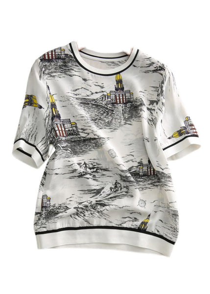 Vogue O-Neck Print Silk T Shirt Short Sleeve LY0399