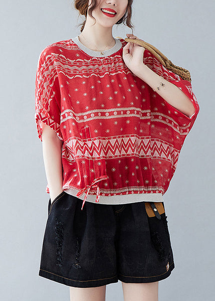 Vogue Red O-Neck Print Drawstring T Shirt Summer LY1551