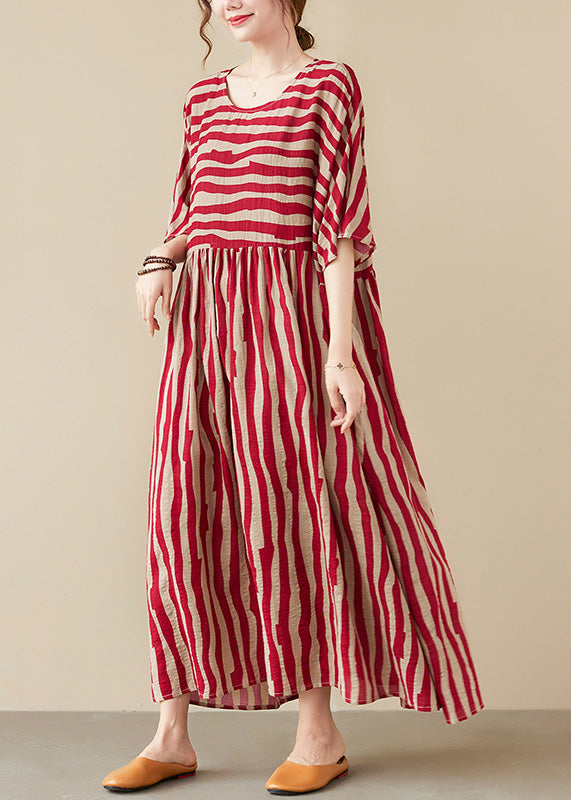 Vogue Red Striped O-Neck Long Dresses Short Sleeve TQ1058