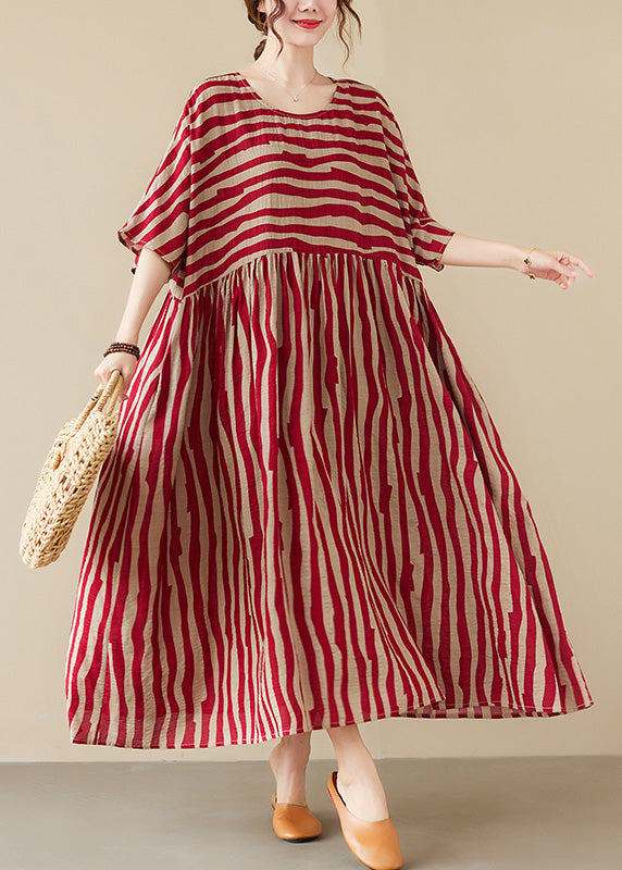 Vogue Red Striped O-Neck Long Dresses Short Sleeve TQ1058