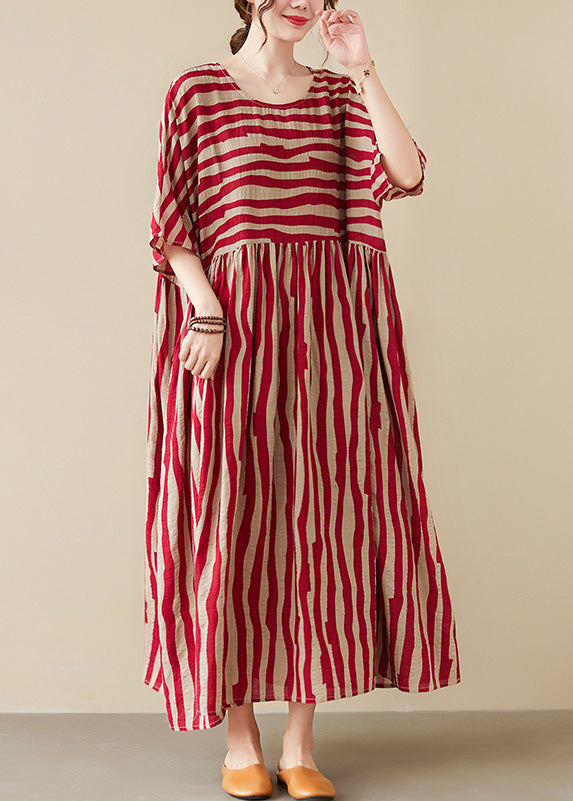 Vogue Red Striped O-Neck Long Dresses Short Sleeve TQ1058