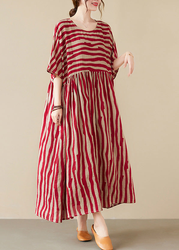 Vogue Red Striped O-Neck Long Dresses Short Sleeve TQ1058