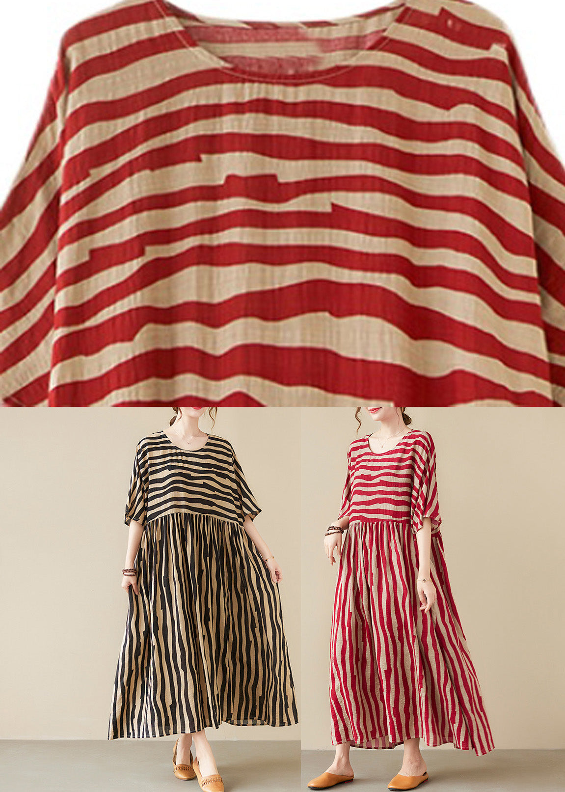 Vogue Red Striped O-Neck Long Dresses Short Sleeve TQ1058