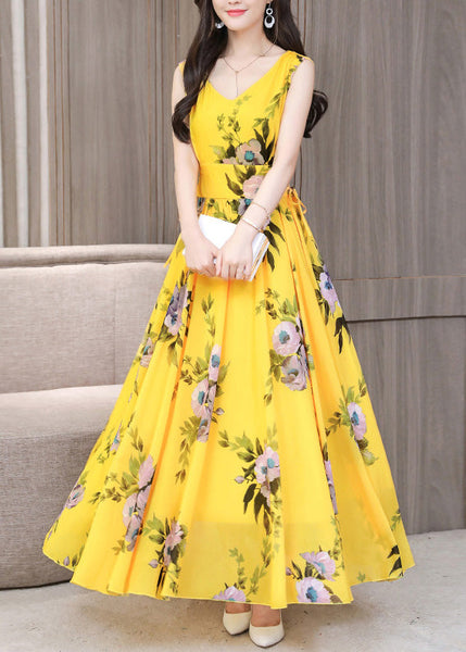 Vogue Yellow V Neck Print Chiffon Long Dresses Summer LY1715