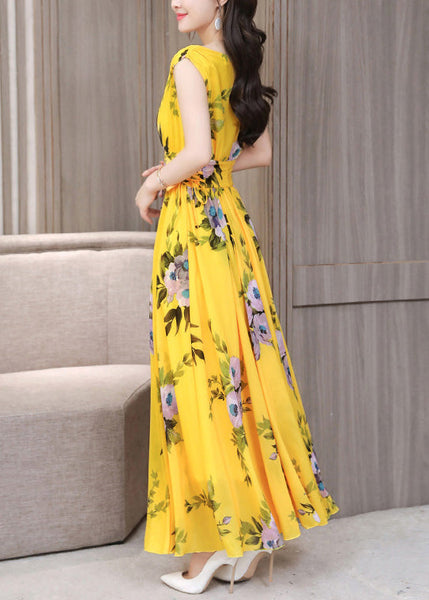 Vogue Yellow V Neck Print Chiffon Long Dresses Summer LY1715