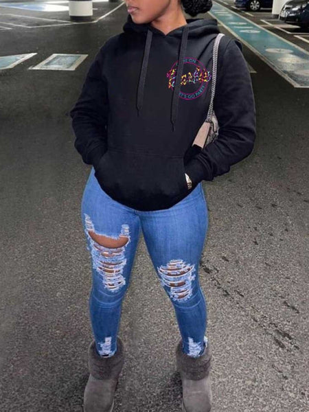 Plus Size Letter Print Kangaroo Pocket Hoodie BO2172