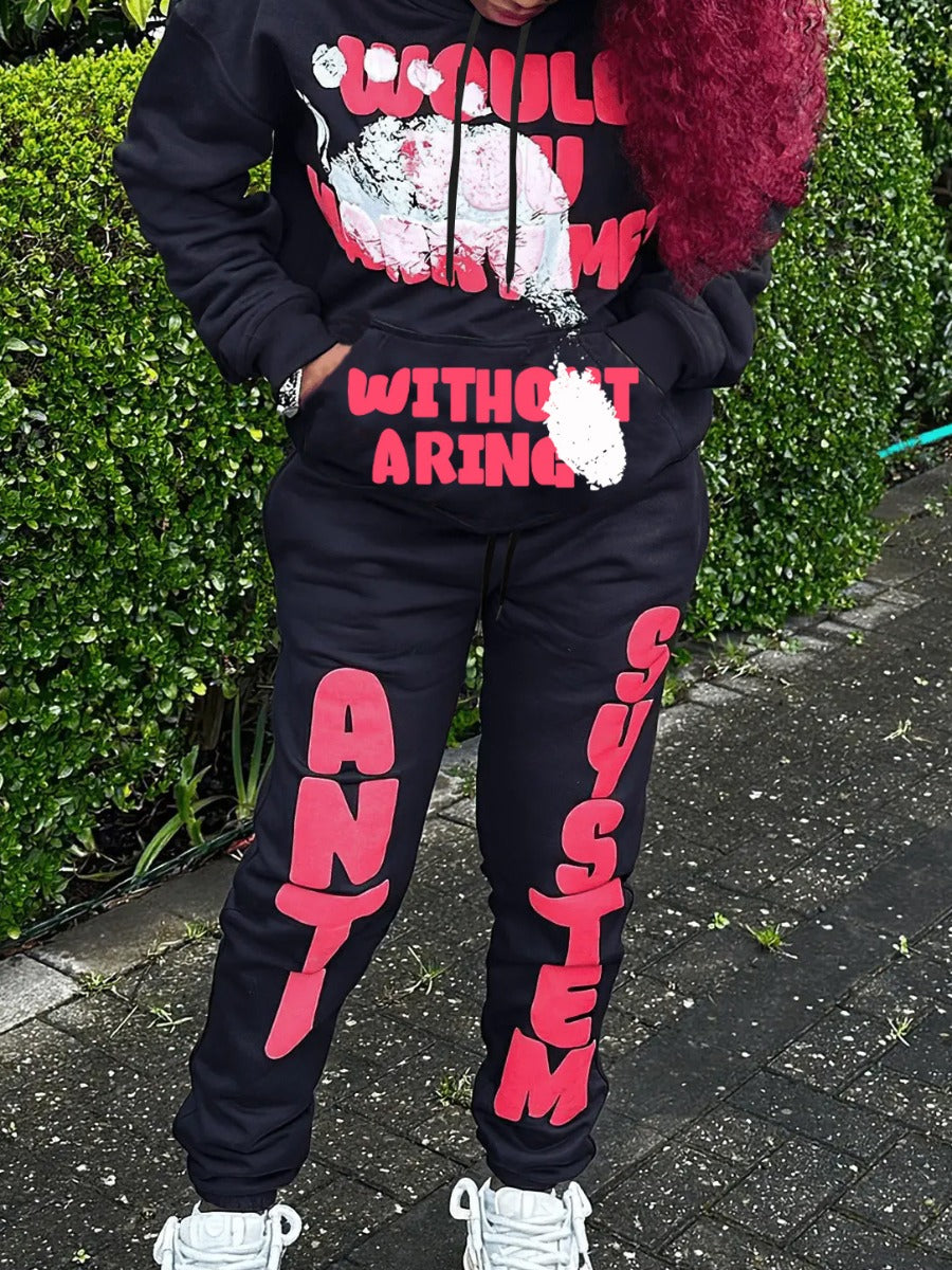 Letter Print Kangaroo Pocket Tracksuit Set AR5023