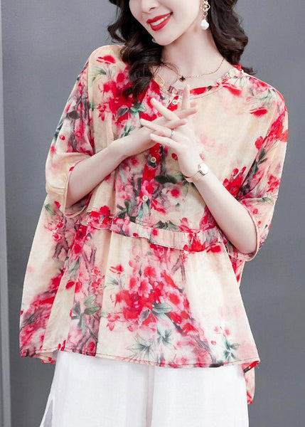 Watermelon Red O-Neck Button Chiffon Shirt Short Sleeve TI1024