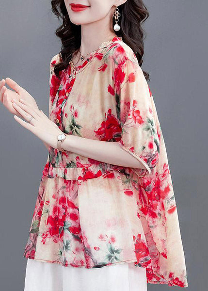 Watermelon Red O-Neck Button Chiffon Shirt Short Sleeve TI1024