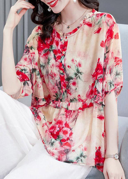Watermelon Red O-Neck Button Chiffon Shirt Short Sleeve TI1024