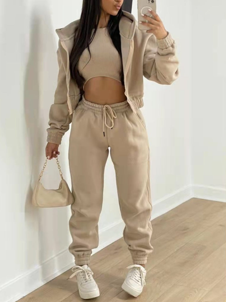 Hooded Collar Zip Up Solid Three-piece Tracksuit Set AR5097