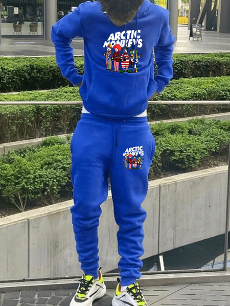 Men Cartoon Letter Print Kangaroo Pocket Tracksuit Set F4110