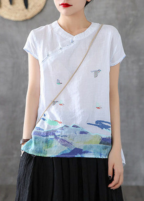 White Chinese Style Cotton Tank Embroideried Stand Collar Short Sleeve TG1055