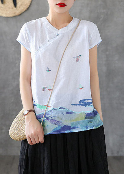 White Chinese Style Cotton Tank Embroideried Stand Collar Short Sleeve TG1055