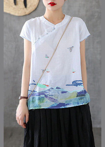 White Chinese Style Cotton Tank Embroideried Stand Collar Short Sleeve TG1055