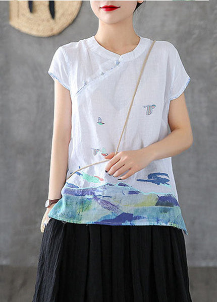 White Chinese Style Cotton Tank Embroideried Stand Collar Short Sleeve TG1055