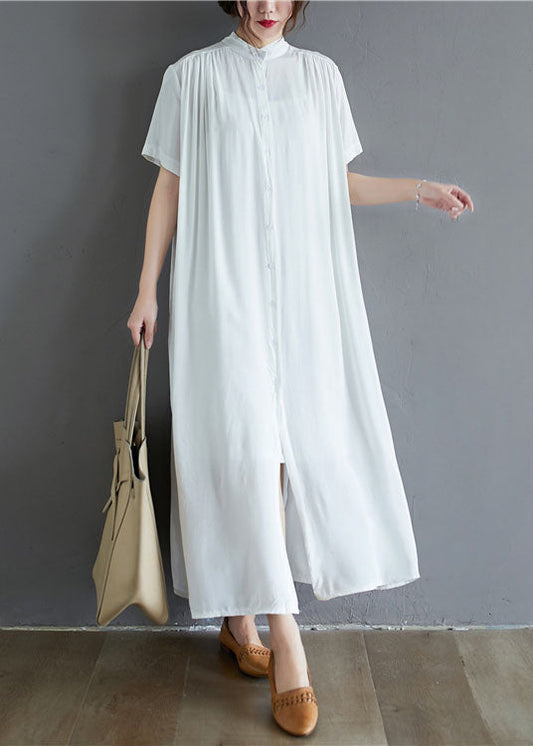 White Draping Cotton Holiday Dress Stand Collar Oversized Summer LY1538