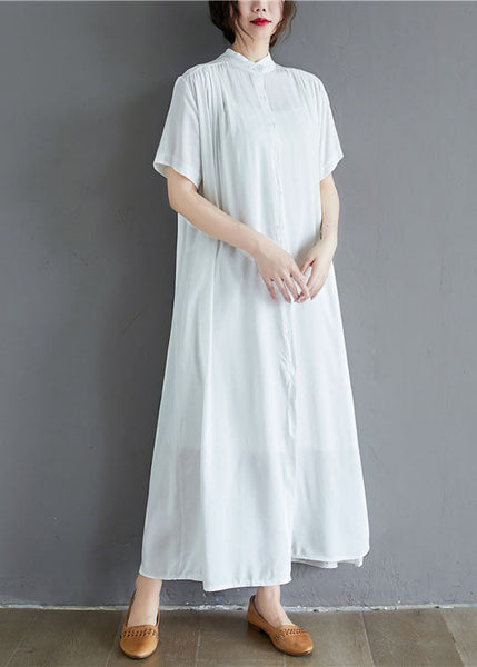 White Draping Cotton Holiday Dress Stand Collar Oversized Summer LY1538