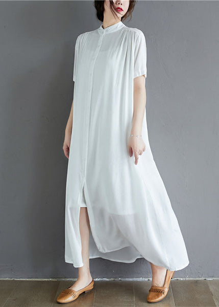 White Draping Cotton Holiday Dress Stand Collar Oversized Summer LY1538