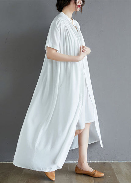 White Draping Cotton Holiday Dress Stand Collar Oversized Summer LY1538