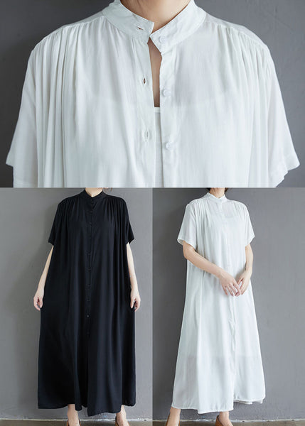 White Draping Cotton Holiday Dress Stand Collar Oversized Summer LY1538