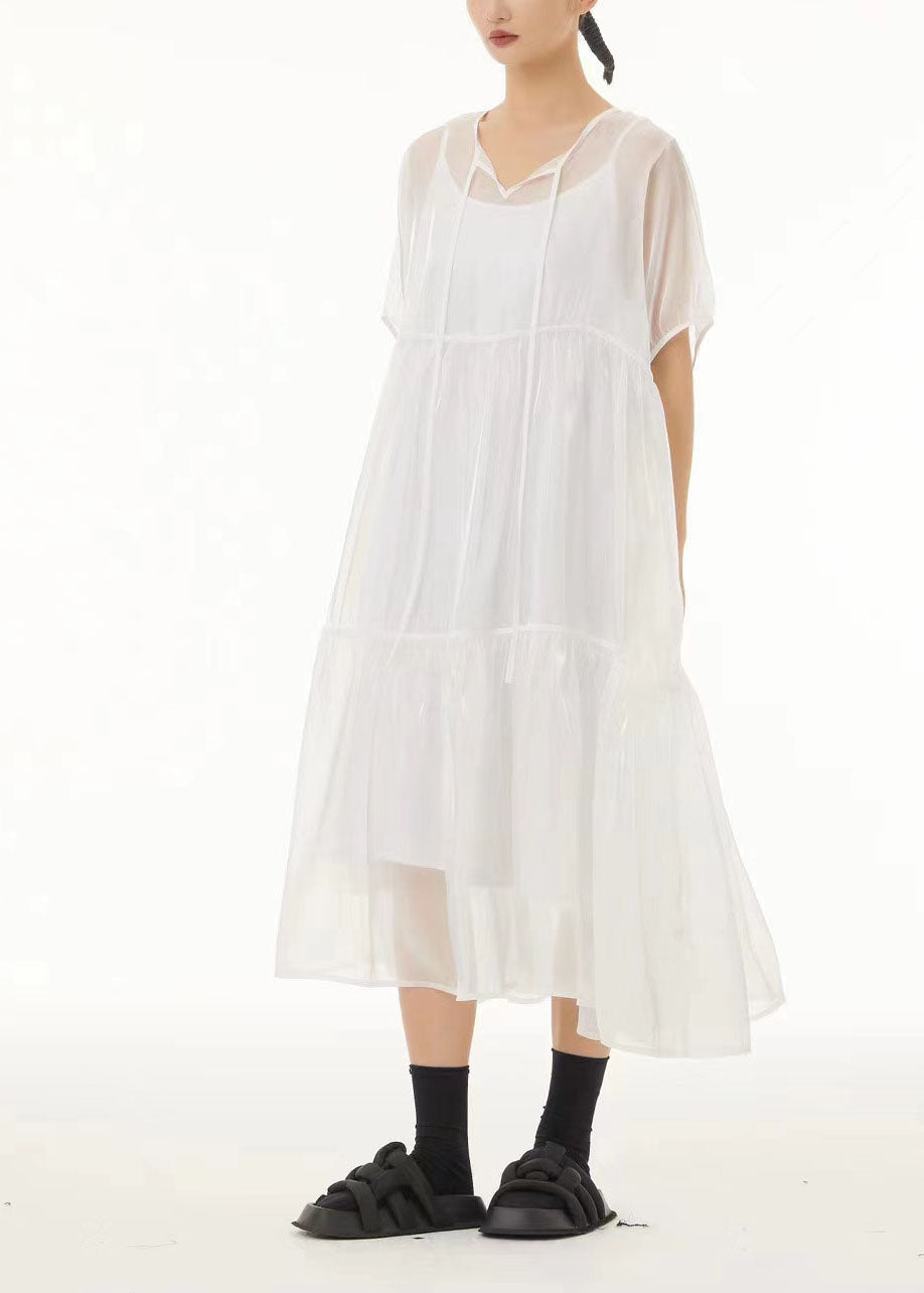 White Lace Up Tulle Long Dress Two Pieces Set Exra Large Hem Summer TS1040