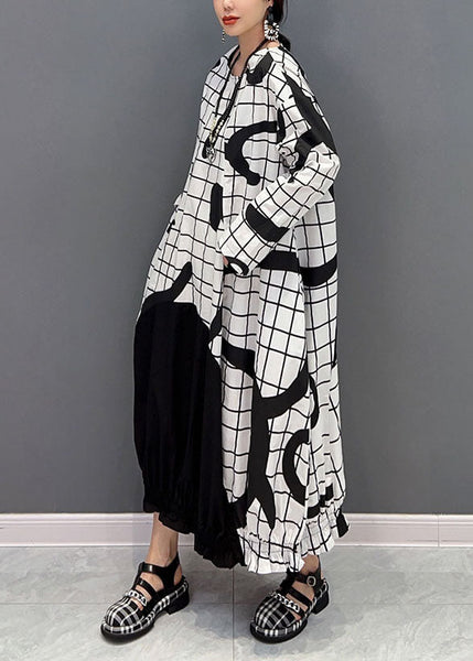 White Letter Print Cotton Ankle Dress O-Neck Wrinkled Spring LY1662