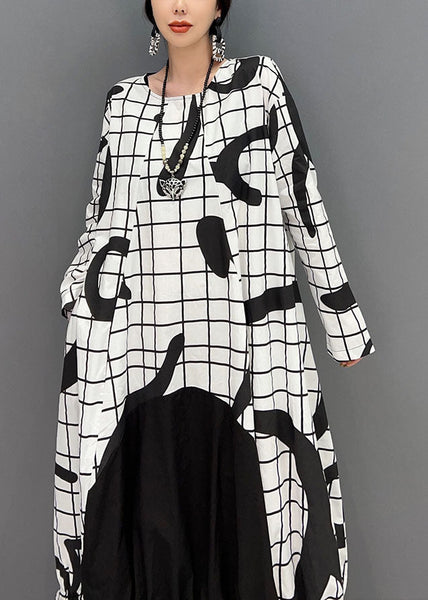 White Letter Print Cotton Ankle Dress O-Neck Wrinkled Spring LY1662