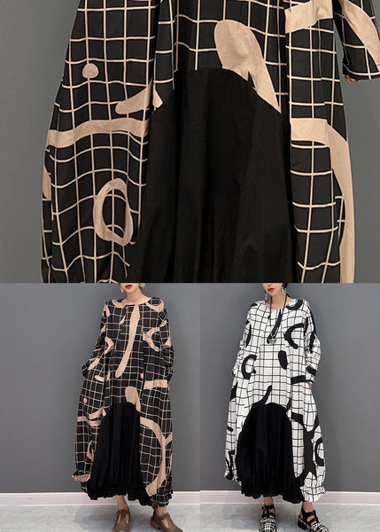 White Letter Print Cotton Ankle Dress O-Neck Wrinkled Spring LY1662