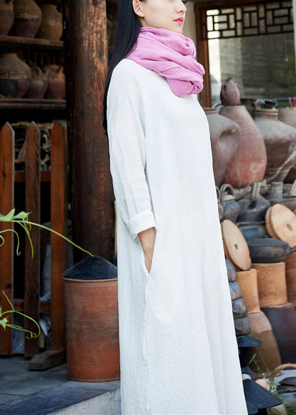 White O-Neck Solid Maxi Dresses Long Sleeve LY1954