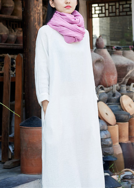 White O-Neck Solid Maxi Dresses Long Sleeve LY1954