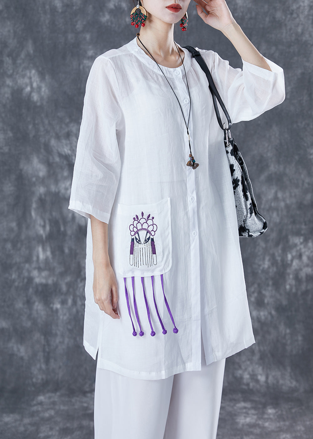 White Oversized Linen Shirts Embroideried Pocket Half Sleeve TA1033