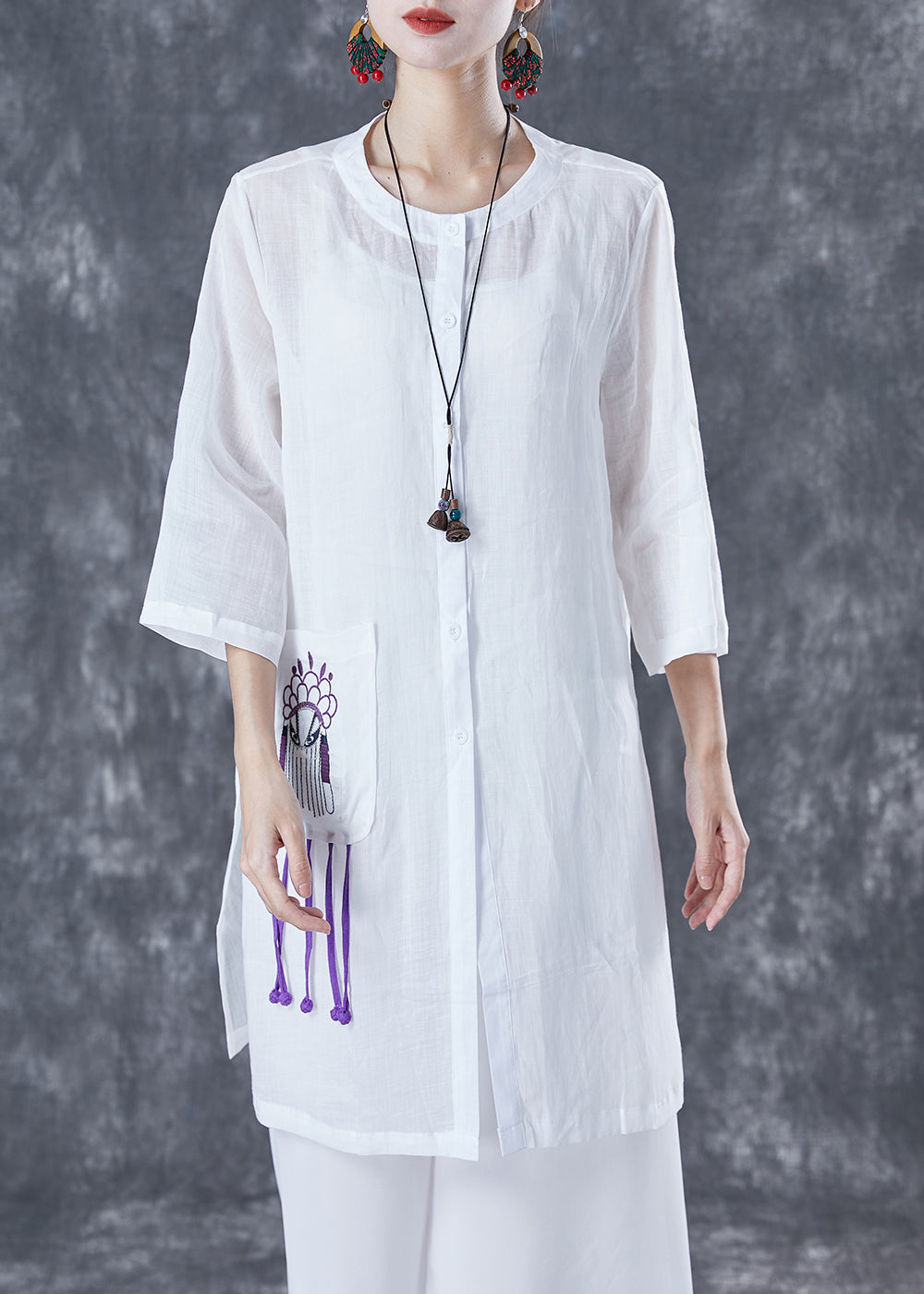 White Oversized Linen Shirts Embroideried Pocket Half Sleeve TA1033