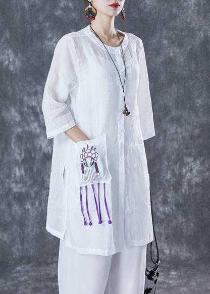 White Oversized Linen Shirts Embroideried Pocket Half Sleeve TA1033