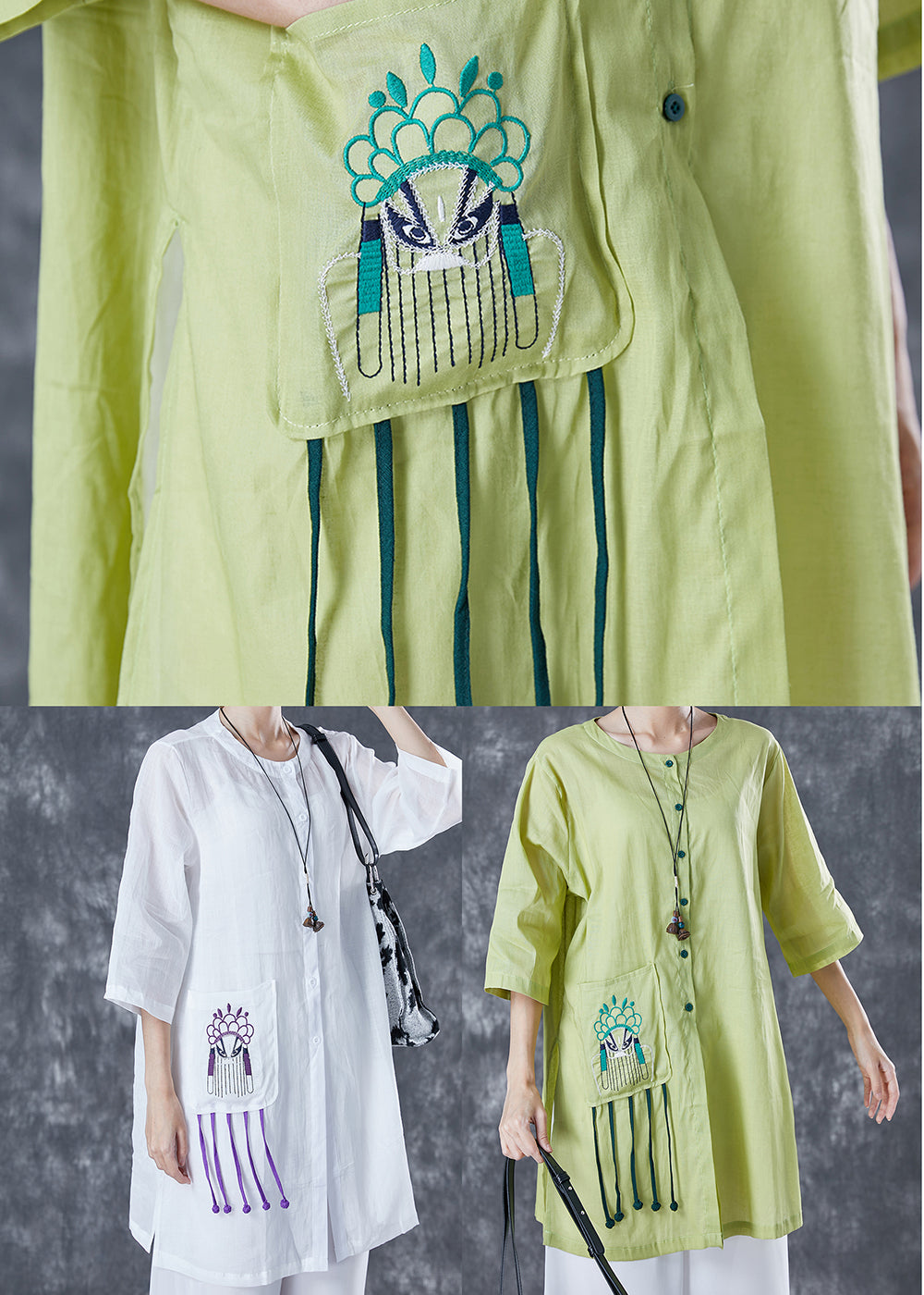 White Oversized Linen Shirts Embroideried Pocket Half Sleeve TA1033