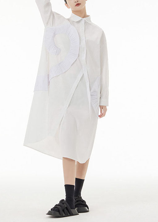 White Patchwork Cotton Shirt Dresses Asymmetrical Wrinkled Spring TS1070