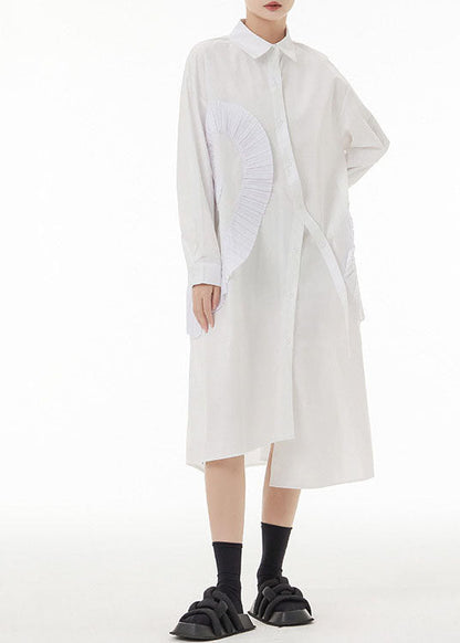 White Patchwork Cotton Shirt Dresses Asymmetrical Wrinkled Spring TS1070