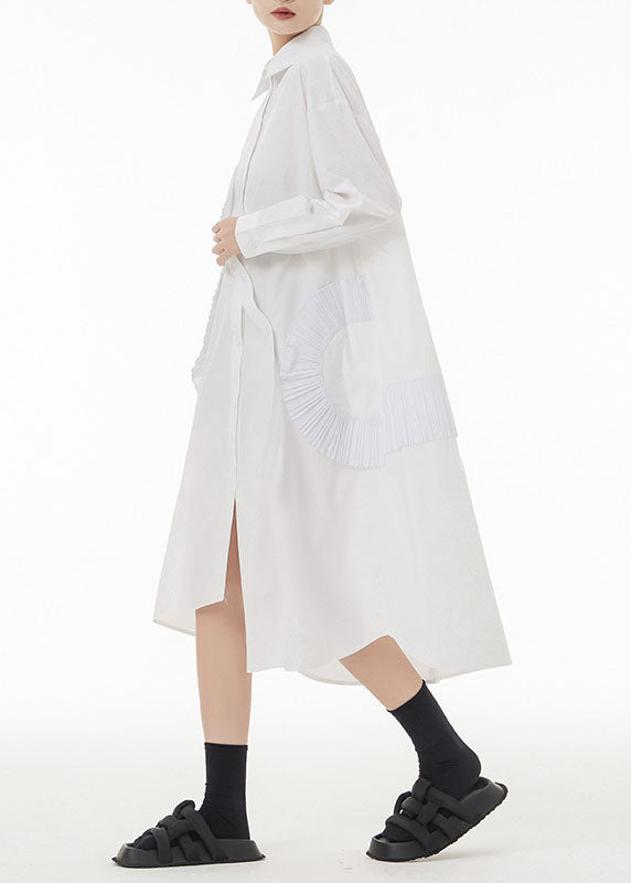 White Patchwork Cotton Shirt Dresses Asymmetrical Wrinkled Spring TS1070