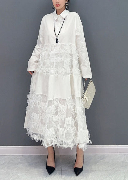 White Patchwork Cotton Vacation Dresses Oversized Tassel  Spring LY1579