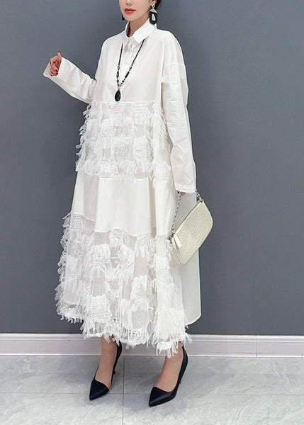 White Patchwork Cotton Vacation Dresses Oversized Tassel  Spring LY1579