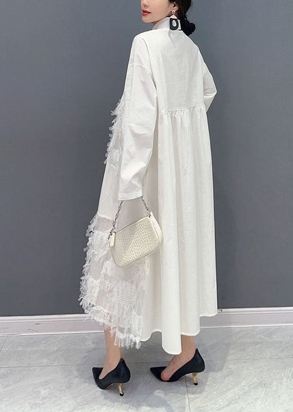 White Patchwork Cotton Vacation Dresses Oversized Tassel  Spring LY1579