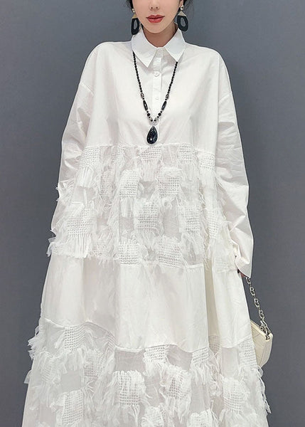 White Patchwork Cotton Vacation Dresses Oversized Tassel  Spring LY1579