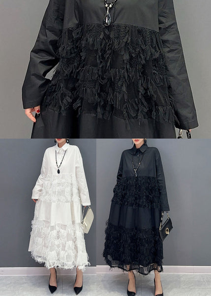 White Patchwork Cotton Vacation Dresses Oversized Tassel  Spring LY1579